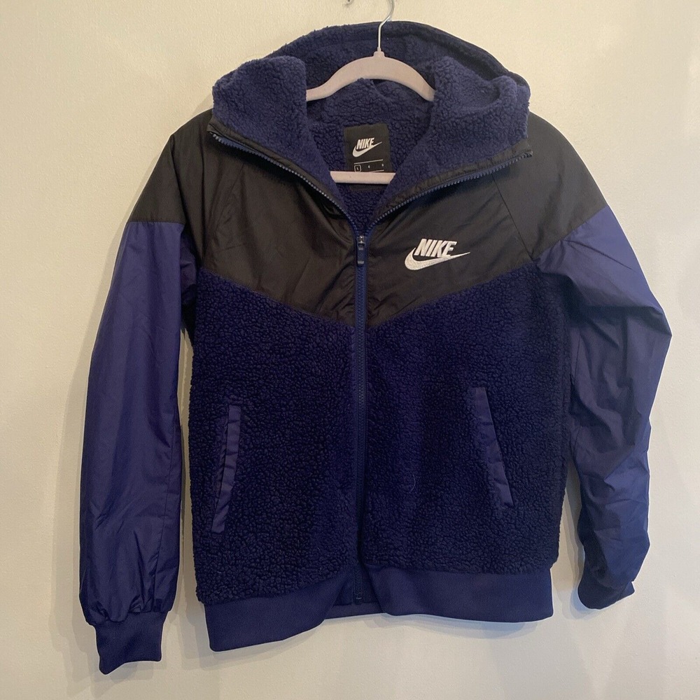 Nike Boy's Sportswear Windrunner Sherpa Black/Blue Jacket Size Large